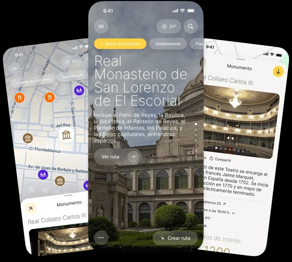 Pantallas de la app de turismo de San Lorenzo de El Escorial: mapa, rutas destacadas y ficha de monumento